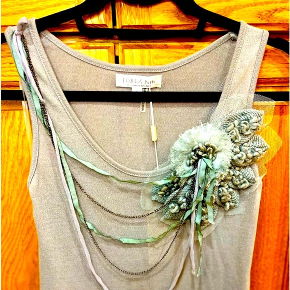 Forla Paris Anthropologie Grey Dress with Lace and Ruffle Detail